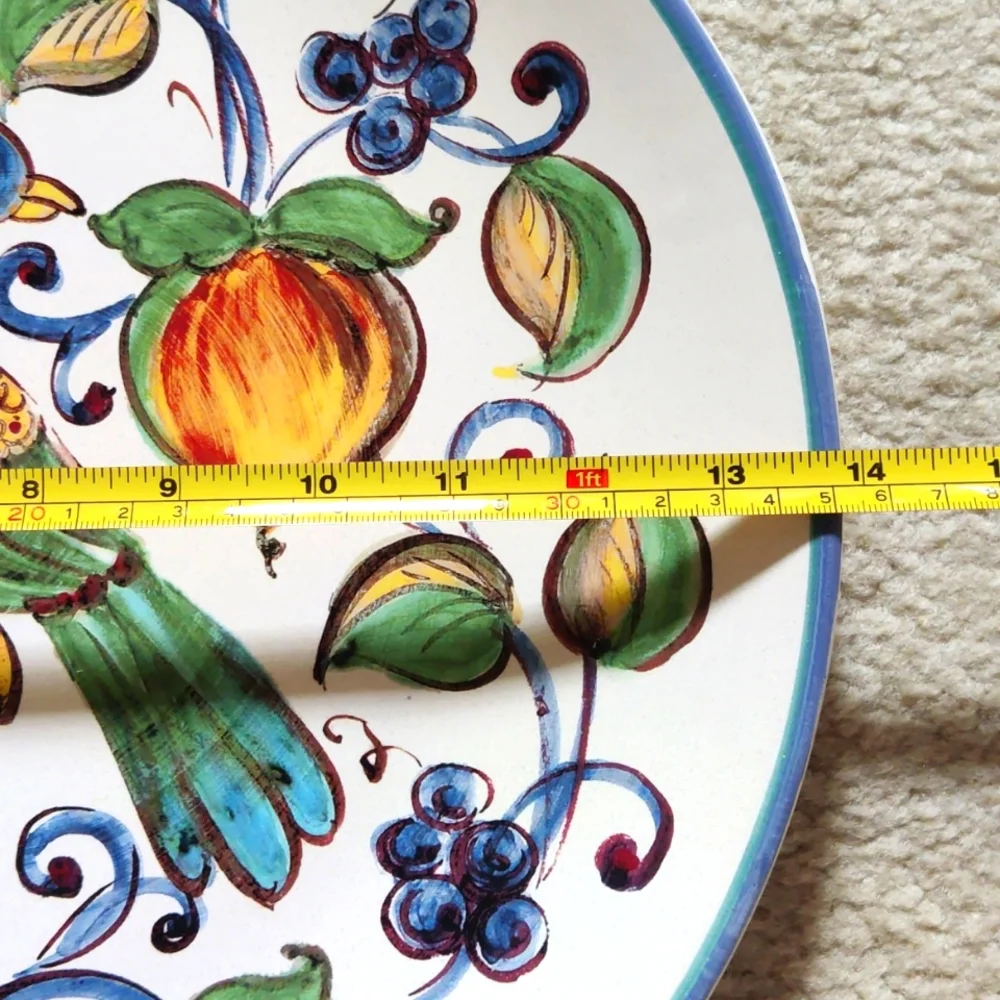 Sur La Table Hand-Painted Bird & Fruit Ceramic Plate — Blue, Green, Yellow